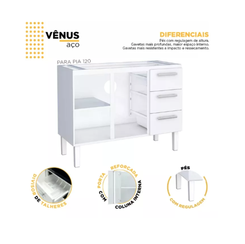 Gabinete de Cozinha para Pia Aço 120cm Cozimax Venus